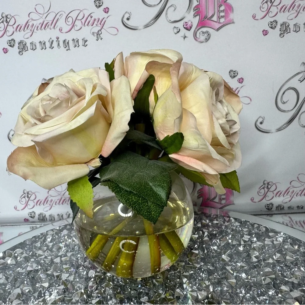 Elegant Cream Rose Arrangement in Glass Vase water look vase pink